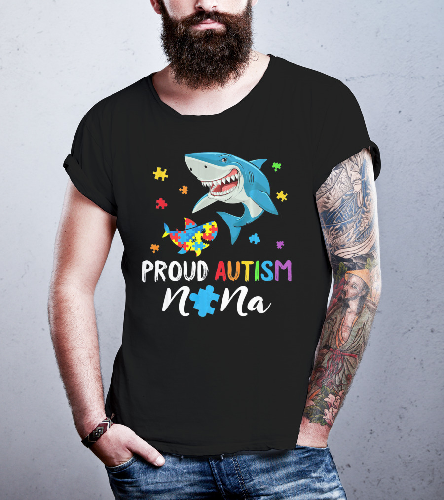 Proud Autism Nana Shark With Colorful Puzzle Pieces T-Shirt