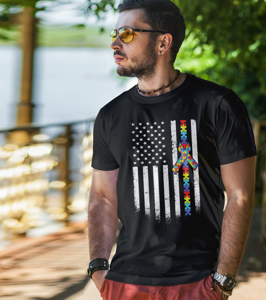 Autism Awareness American Flag With Puzzle Piece T-Shirt