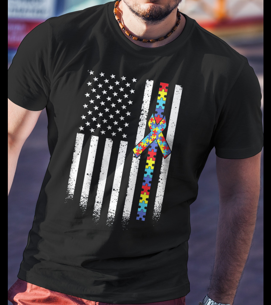 Autism Awareness American Flag With Puzzle Piece T-Shirt