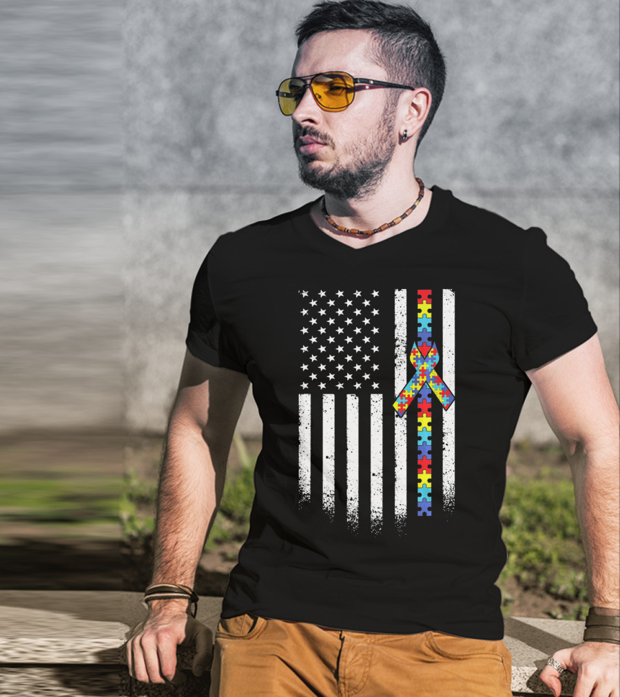 Autism Awareness American Flag With Puzzle Piece T-Shirt