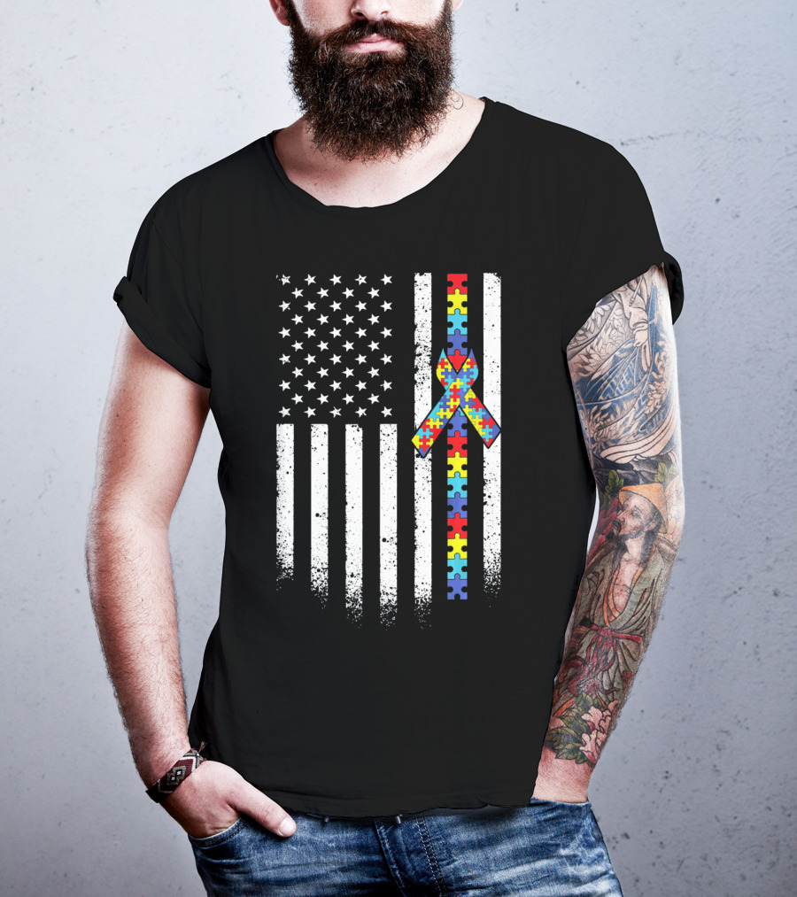 Autism Awareness American Flag With Puzzle Piece T-Shirt