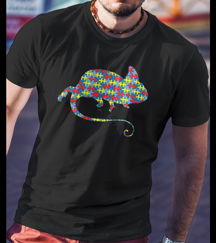 Chameleon Autism Awareness Puzzle Pattern Kids Lizard T-Shirt