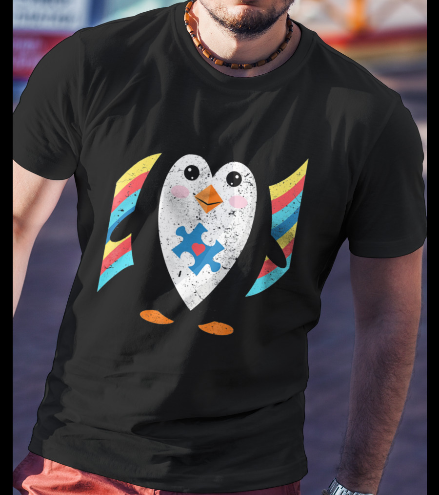 Cute Penguin Autism Awareness Heart Puzzle T-Shirt