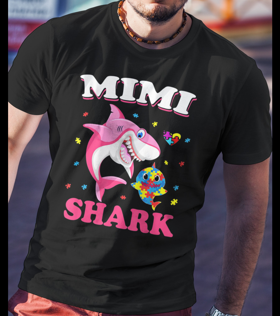 Mimi Shark Autism Awareness Puzzle Heart Colorful Sharks T-Shirt