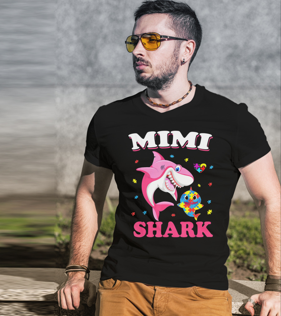 Mimi Shark Autism Awareness Puzzle Heart Colorful Sharks T-Shirt