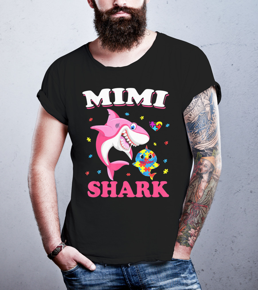 Mimi Shark Autism Awareness Puzzle Heart Colorful Sharks T-Shirt