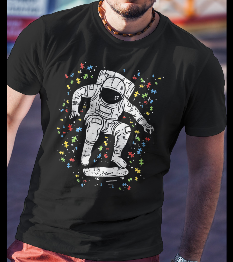 Puzzle Piece Astronaut Skateboarding For Autism Awareness T-Shirt