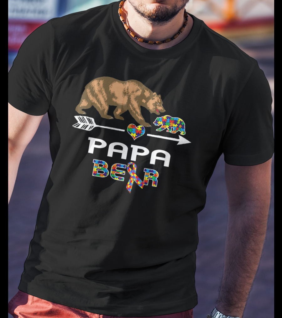 Papa Bear Puzzle Heart Arrow Autism Awareness T-Shirt