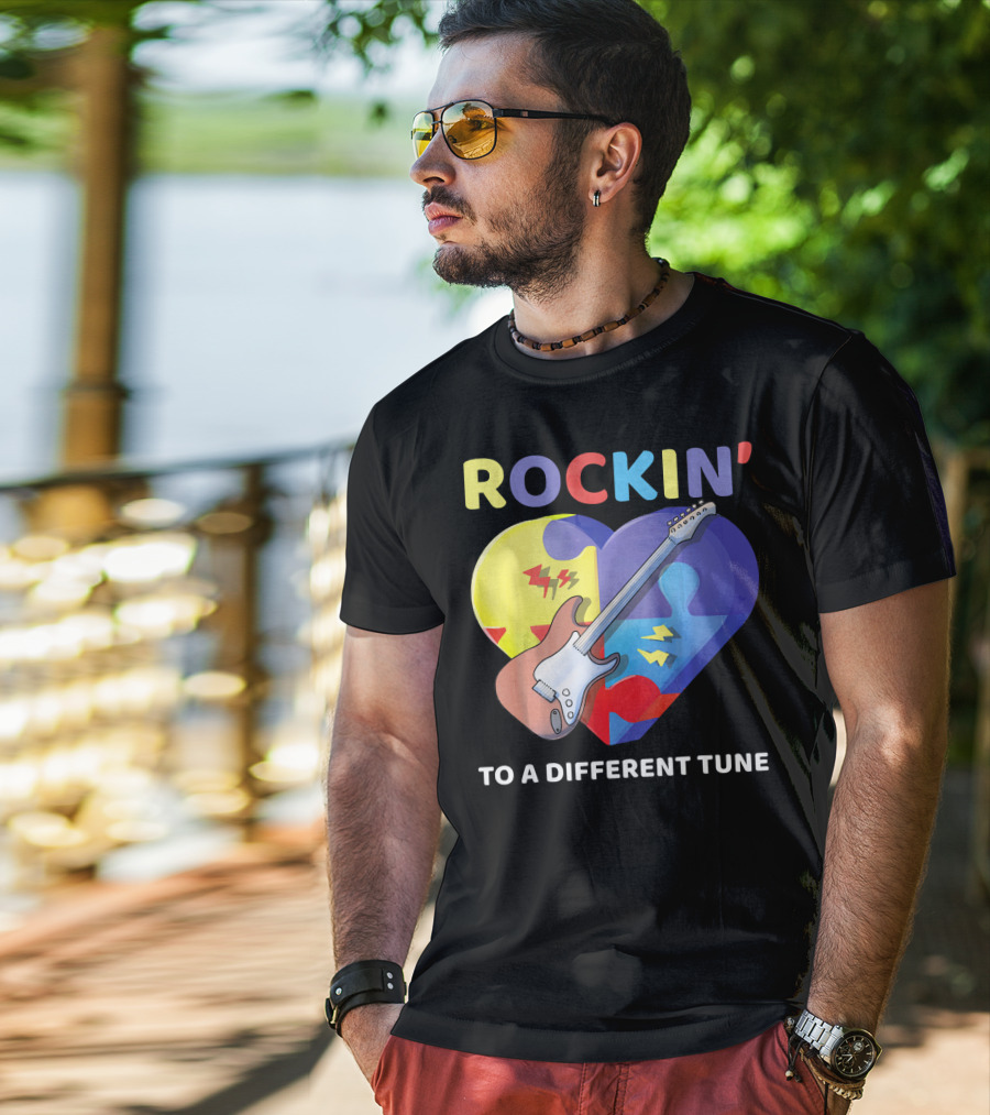Rockin' To A Different Tune Autism Awareness Guitar Heart Puzzle T-Shirt