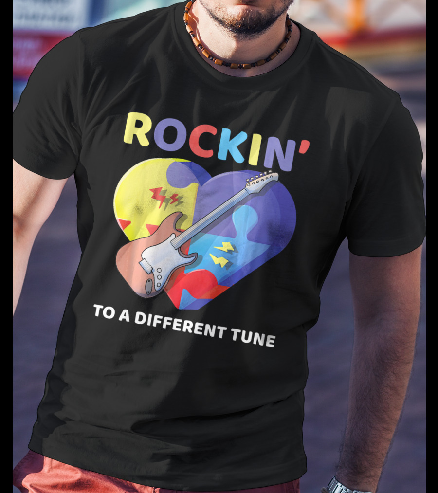 Rockin' To A Different Tune Autism Awareness Guitar Heart Puzzle T-Shirt