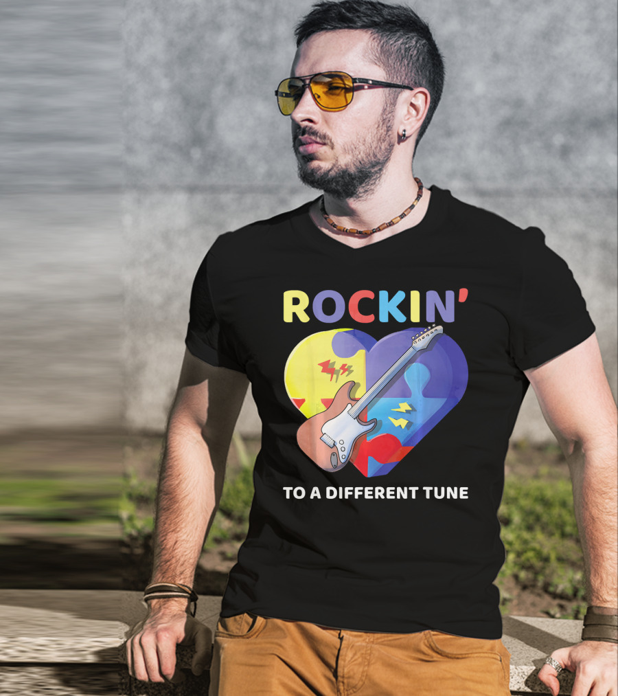 Rockin' To A Different Tune Autism Awareness Guitar Heart Puzzle T-Shirt