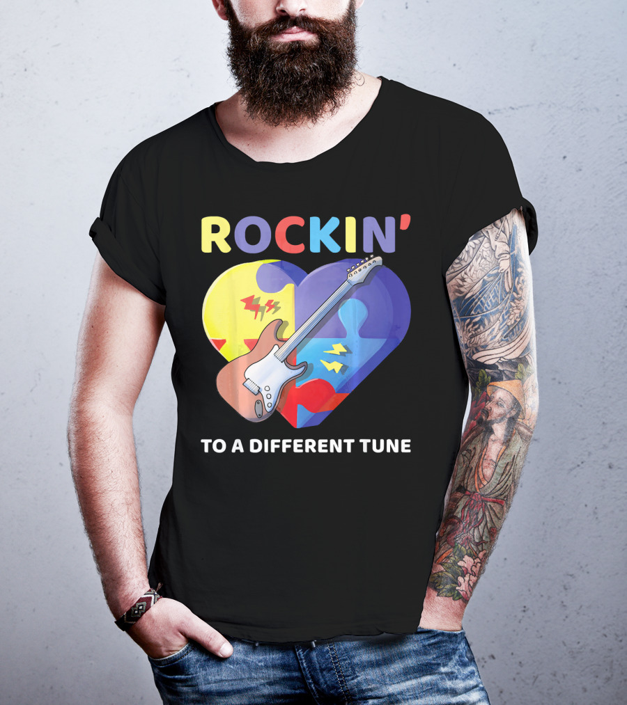 Rockin' To A Different Tune Autism Awareness Guitar Heart Puzzle T-Shirt