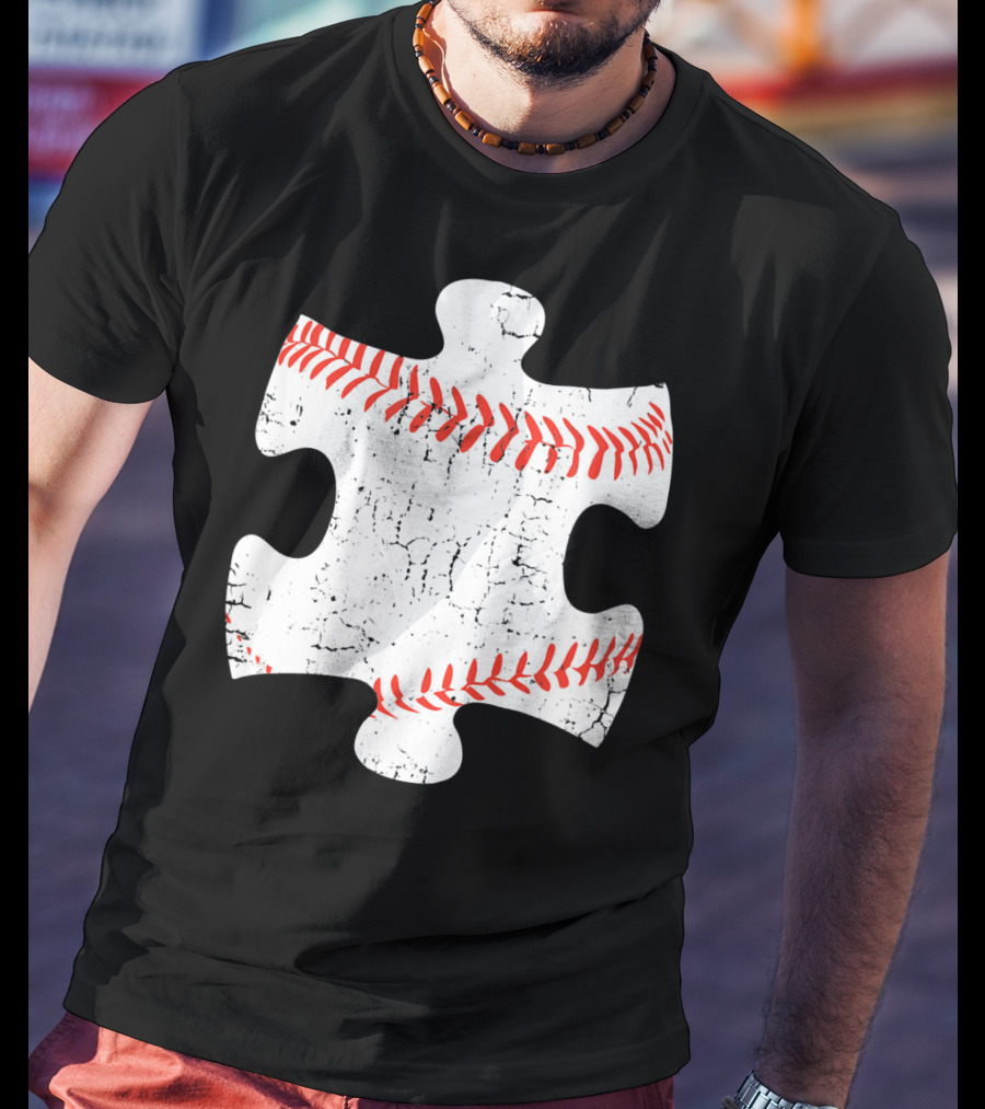 Baseball Stitch Puzzle Piece Autism Awareness T-Shirt