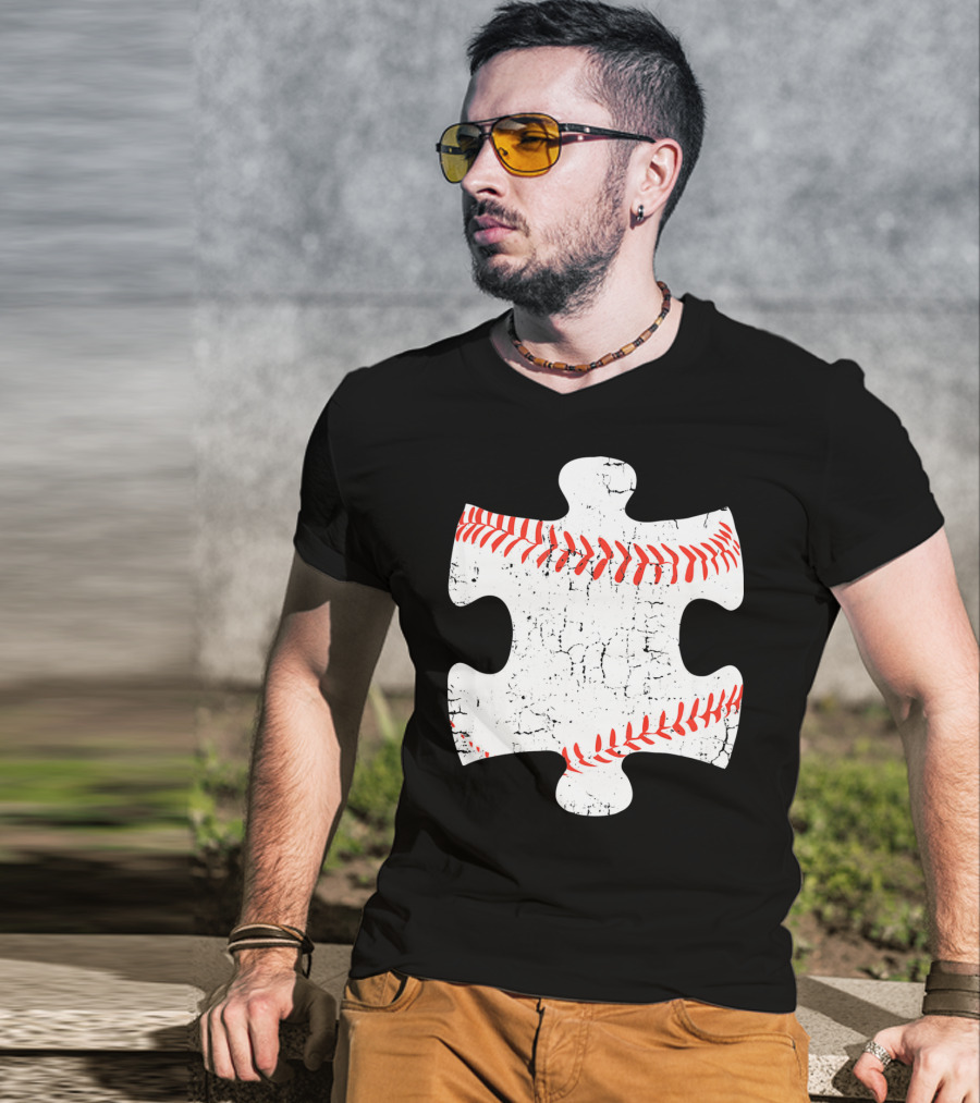 Baseball Stitch Puzzle Piece Autism Awareness T-Shirt