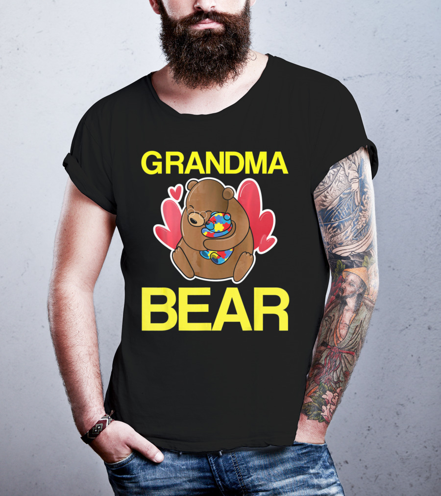 Grandma Bear Hugging Bear With Autism Puzzle Heart Balloon T-Shirt