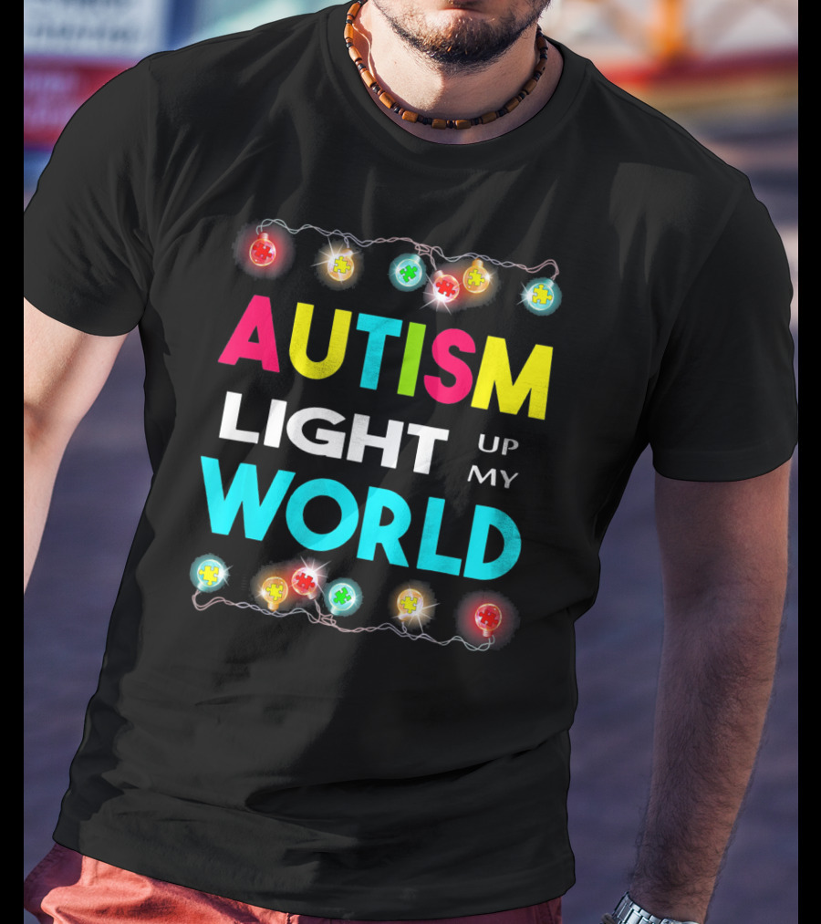 Autism Light Up My World Autism Awareness Puzzle String Lights T-Shirt