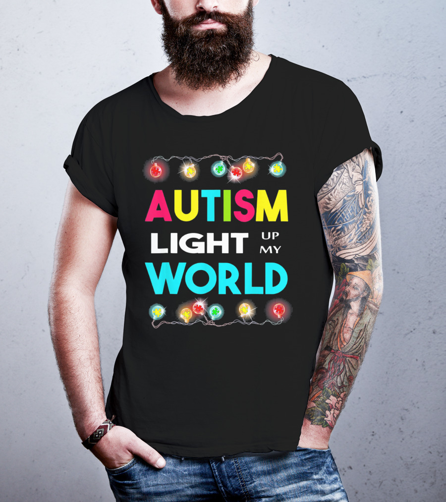 Autism Light Up My World Autism Awareness Puzzle String Lights T-Shirt