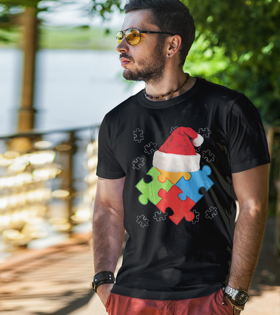 Autism Puzzle Pieces With Santa Hat Holiday T-Shirt