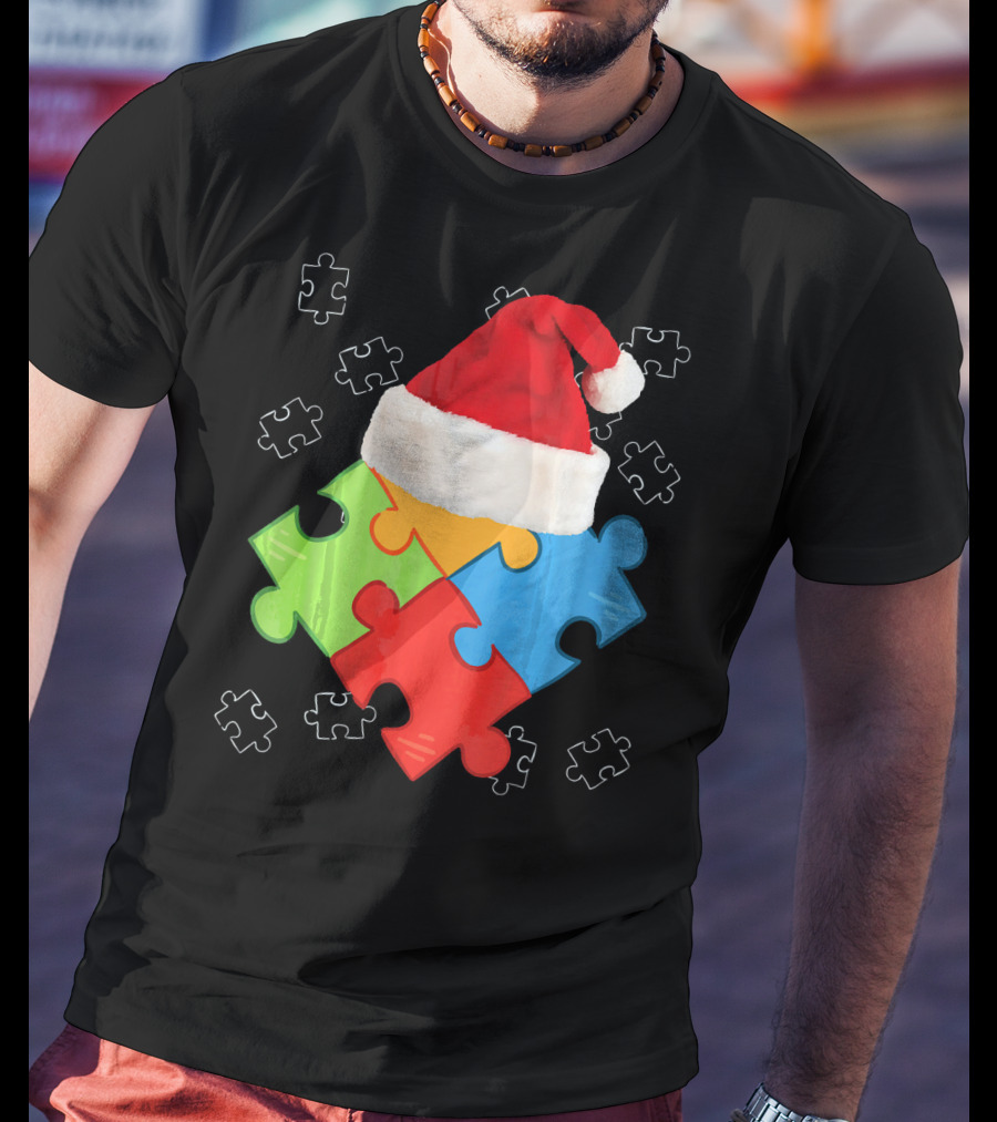 Autism Puzzle Pieces With Santa Hat Holiday T-Shirt