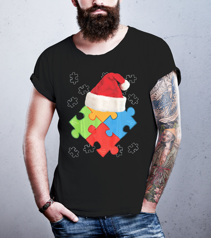 Autism Puzzle Pieces With Santa Hat Holiday T-Shirt