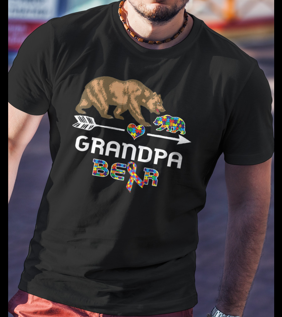 Grandpa Bear Autism Awareness Puzzle Heart And Ribbon T-Shirt