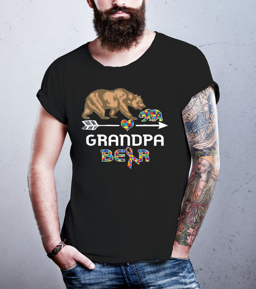 Grandpa Bear Autism Awareness Puzzle Heart And Ribbon T-Shirt