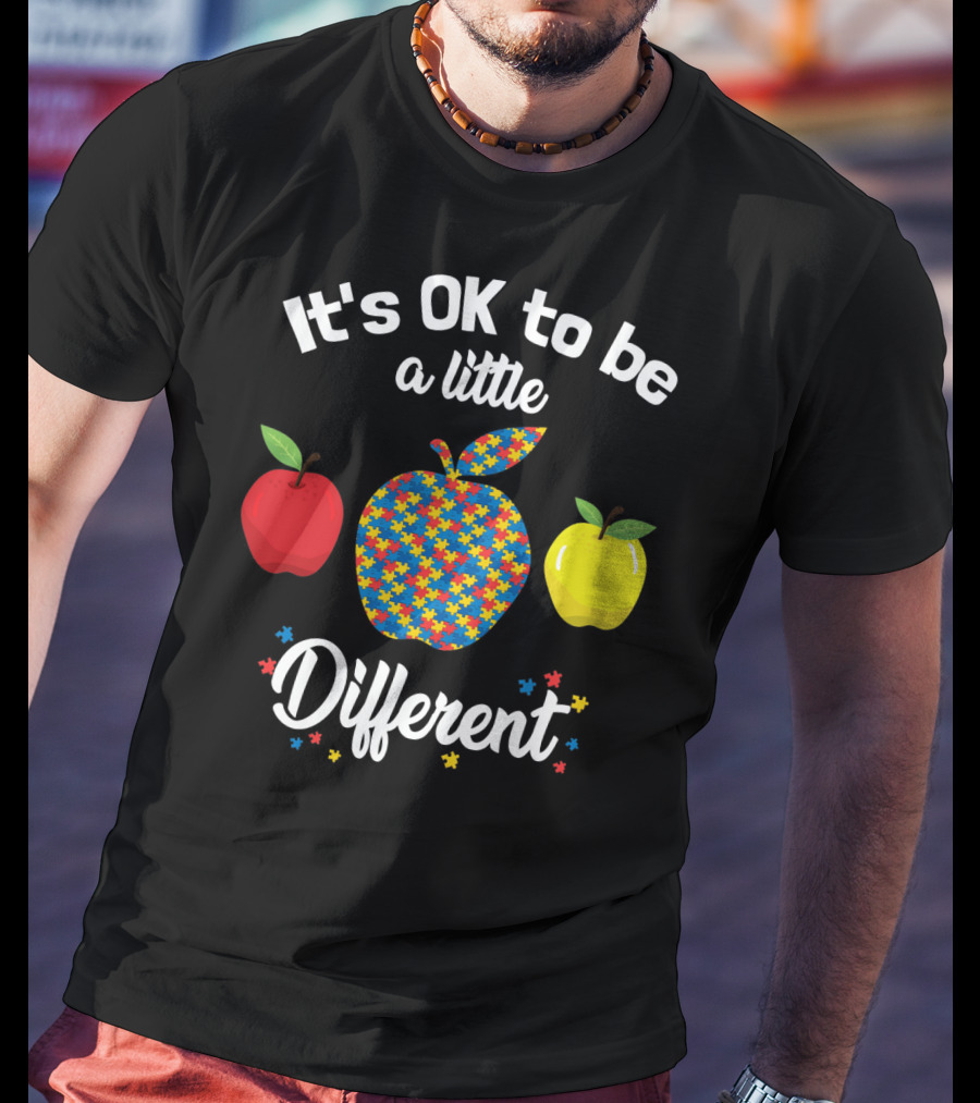 It's OK To Be A Little Different Apple Teacher Aut Puzzle Pattern Red Yellow T-Shirt
