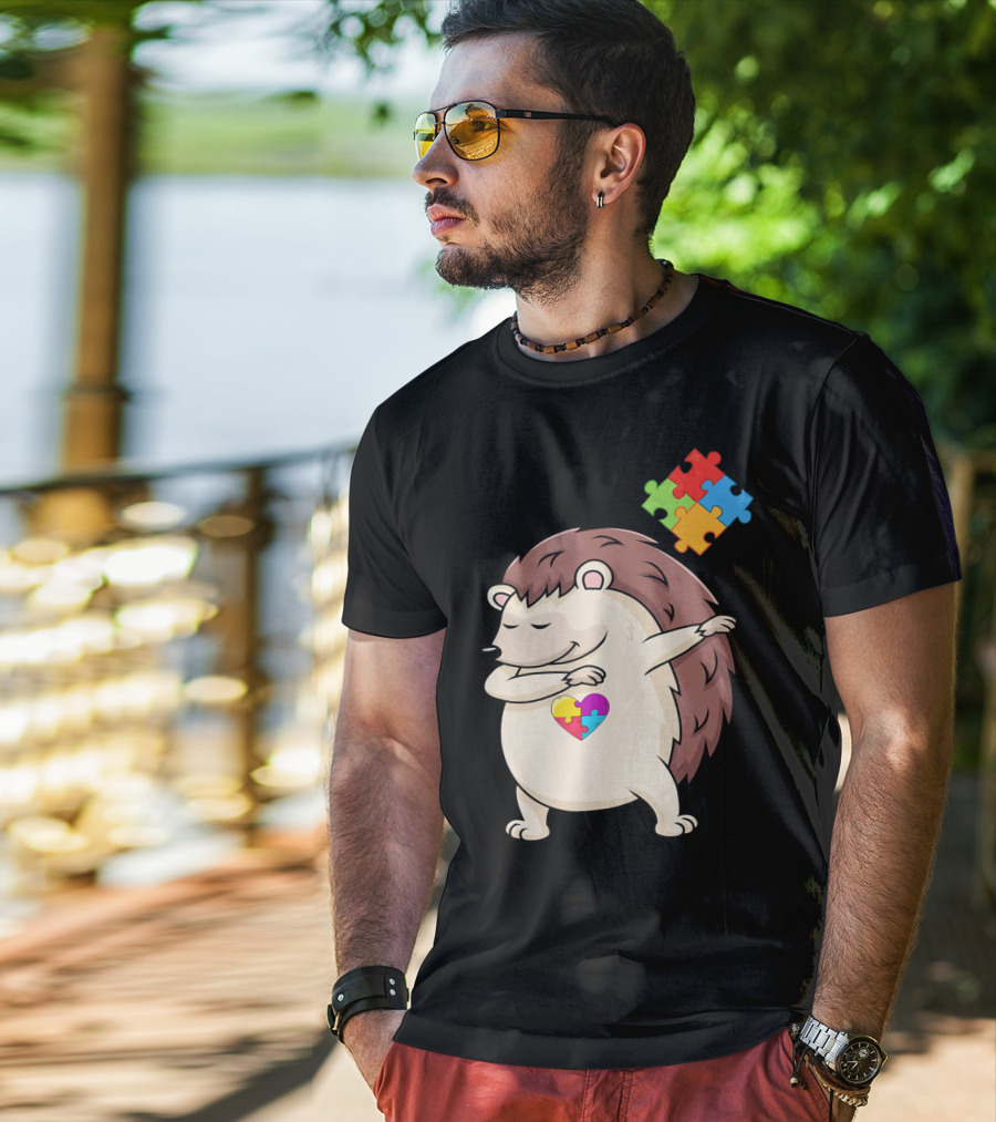 Hedgehog Dabbing With Puzzle Pieces Heart Autism Awareness T-Shirt
