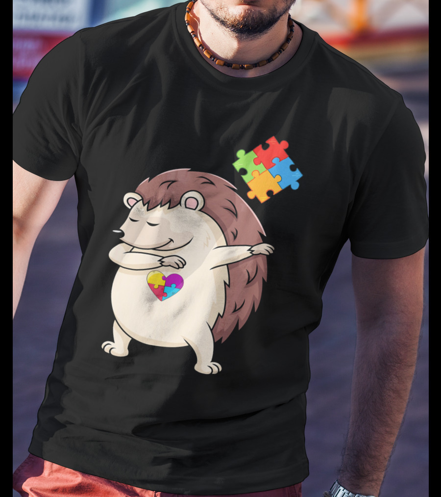 Hedgehog Dabbing With Puzzle Pieces Heart Autism Awareness T-Shirt