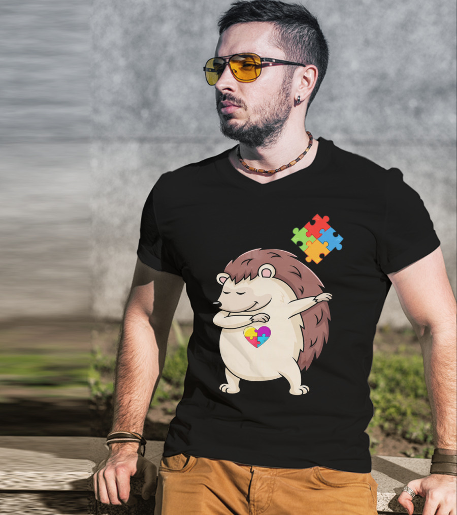Hedgehog Dabbing With Puzzle Pieces Heart Autism Awareness T-Shirt