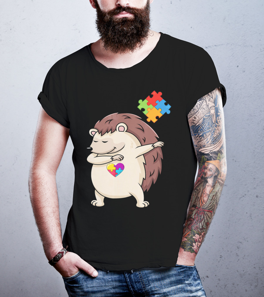 Hedgehog Dabbing With Puzzle Pieces Heart Autism Awareness T-Shirt