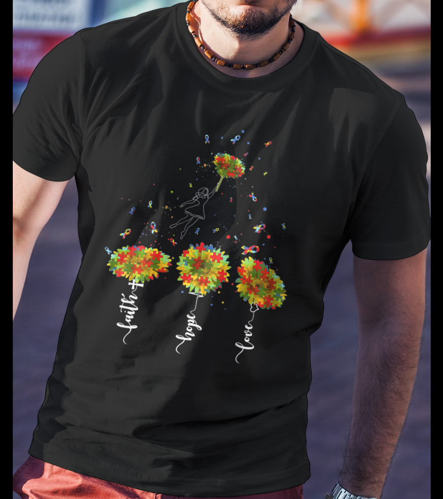 Faith Hope Love Sunflower Puzzle Pieces Balloon T-Shirt