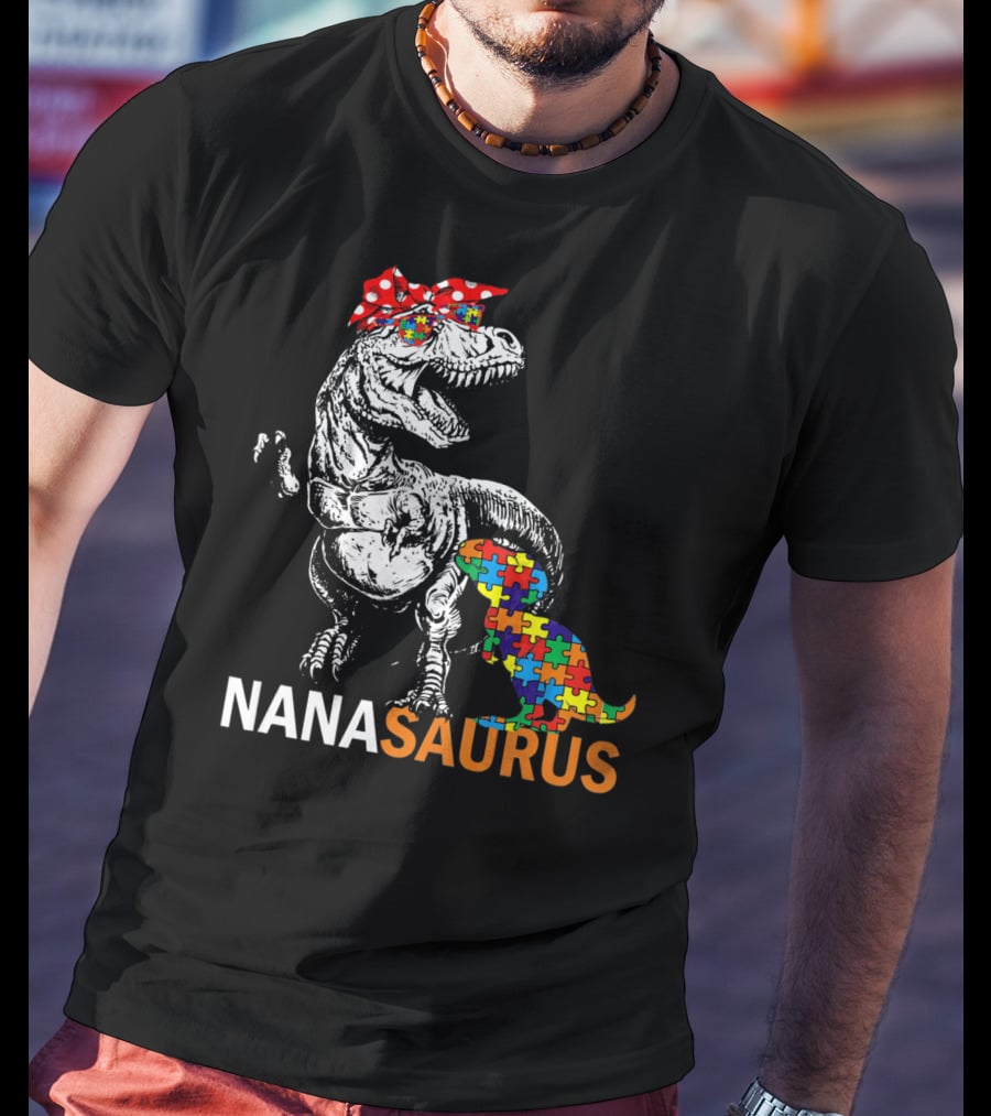 Nana Saurus Auntsaurus Autism Dinosaur Puzzle Piece Bandana T-Shirt