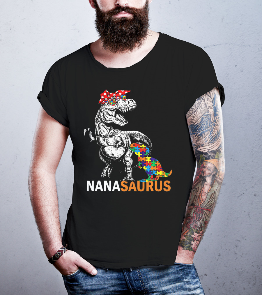 Nana Saurus Auntsaurus Autism Dinosaur Puzzle Piece Bandana T-Shirt