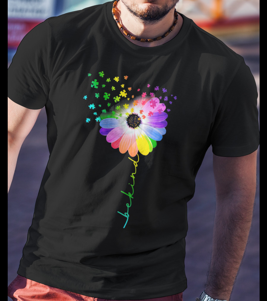 Flower Daisy Dandelion Be Kind Rainbow Puzzle Autism Awareness T-Shirt
