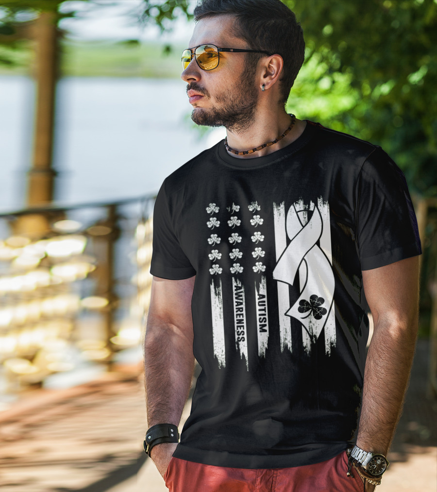 Autism Awareness Ribbon Patrick's Day American Flag Clover T-Shirt