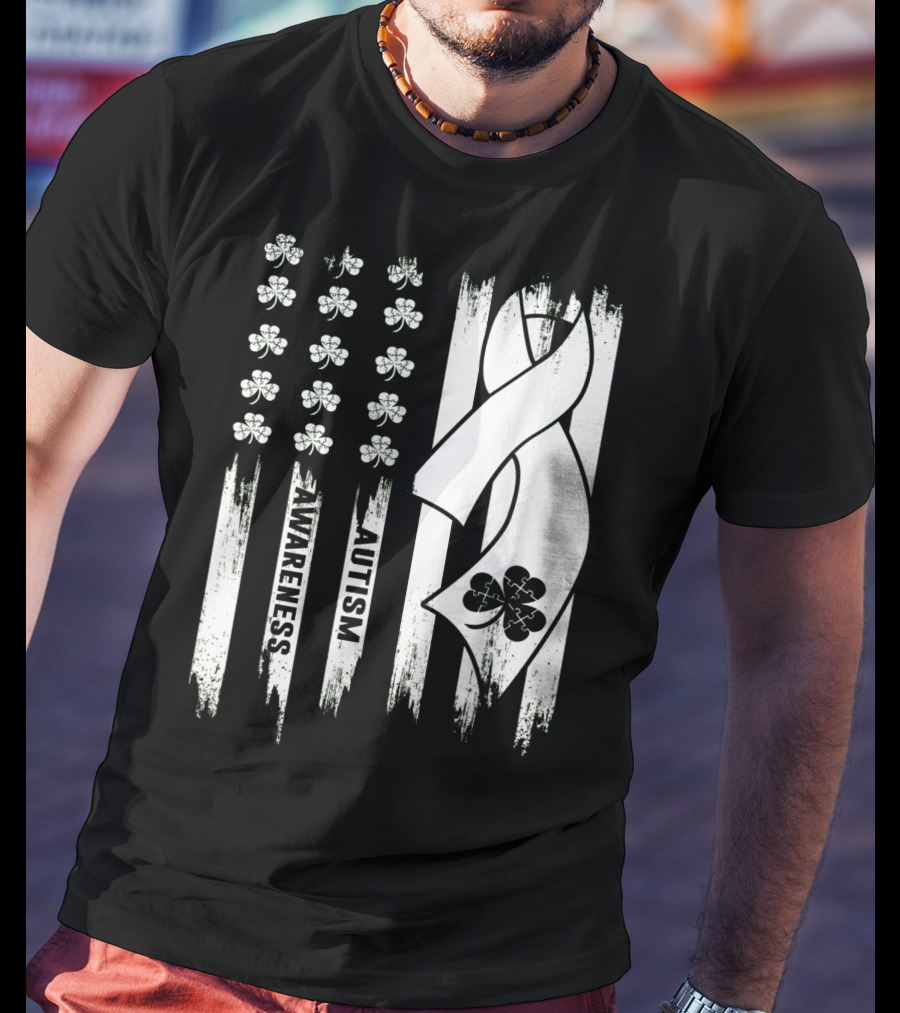 Autism Awareness Ribbon Patrick's Day American Flag Clover T-Shirt