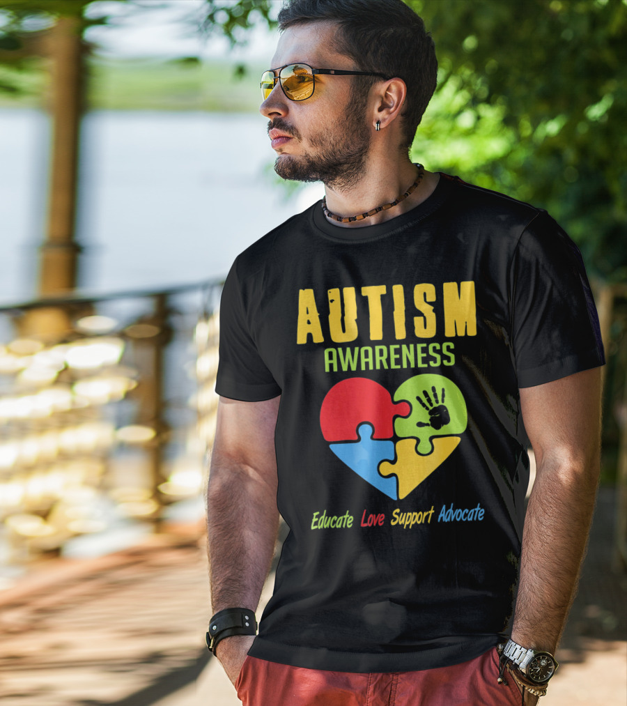 Autism Awareness Advocate Educate Love Support Puzzle Heart Handprint T-Shirt