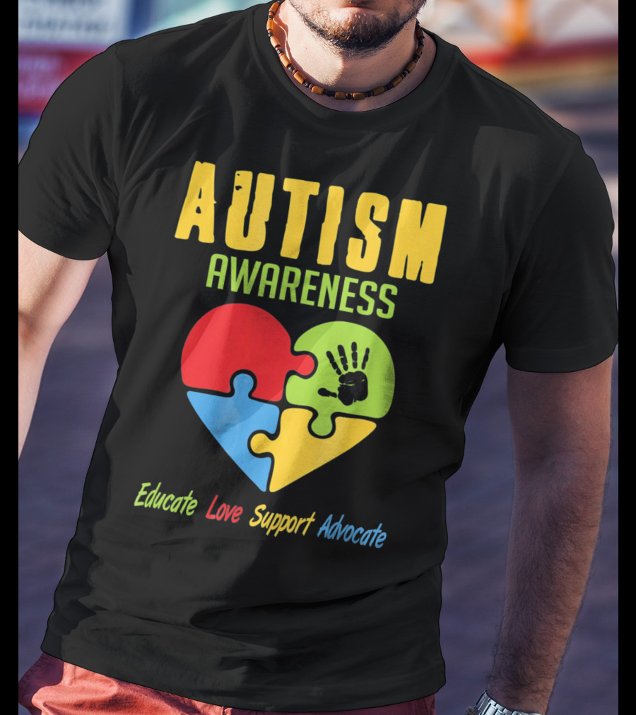 Autism Awareness Advocate Educate Love Support Puzzle Heart Handprint T-Shirt