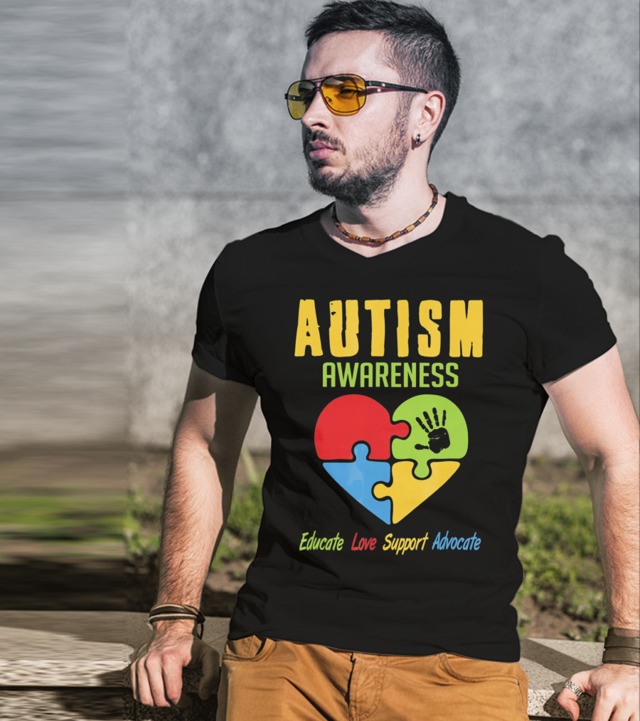 Autism Awareness Advocate Educate Love Support Puzzle Heart Handprint T-Shirt