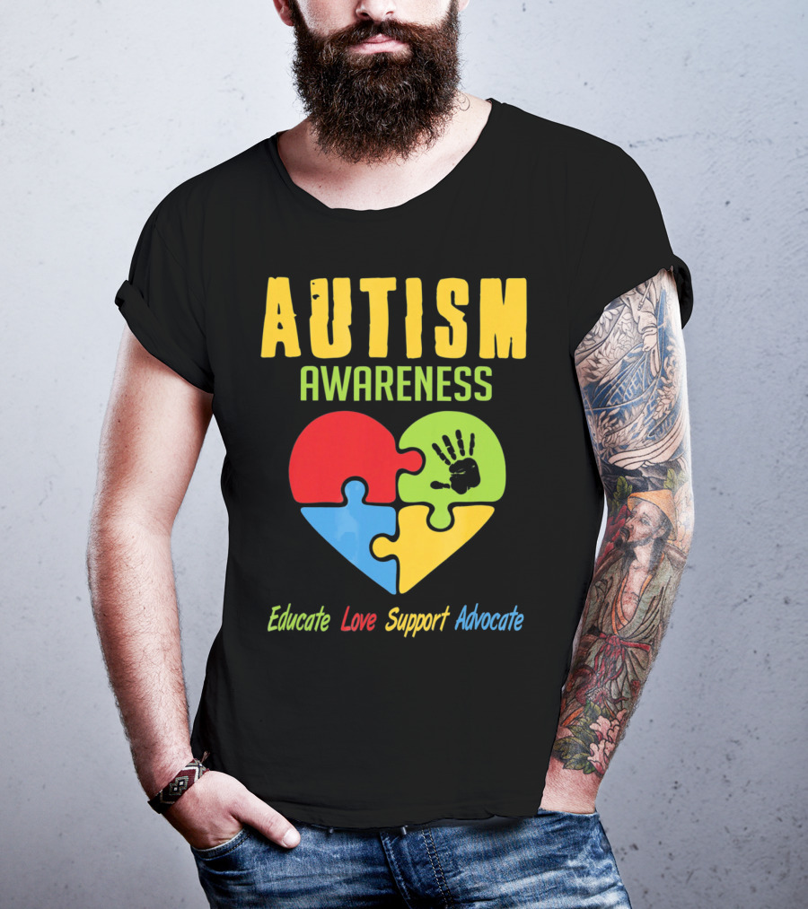 Autism Awareness Advocate Educate Love Support Puzzle Heart Handprint T-Shirt