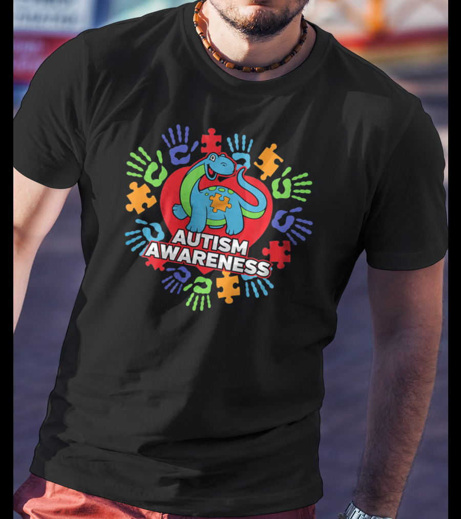 Autism Awareness Blue Dinosaur Heart Puzzle Handprints T-Shirt