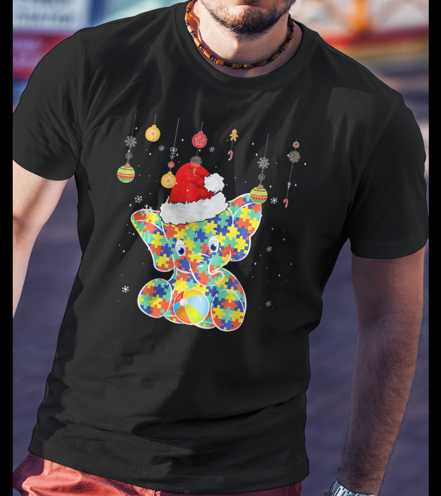 Festive Christmas Elephant In Santa Hat With Autism Puzzle T-Shirt