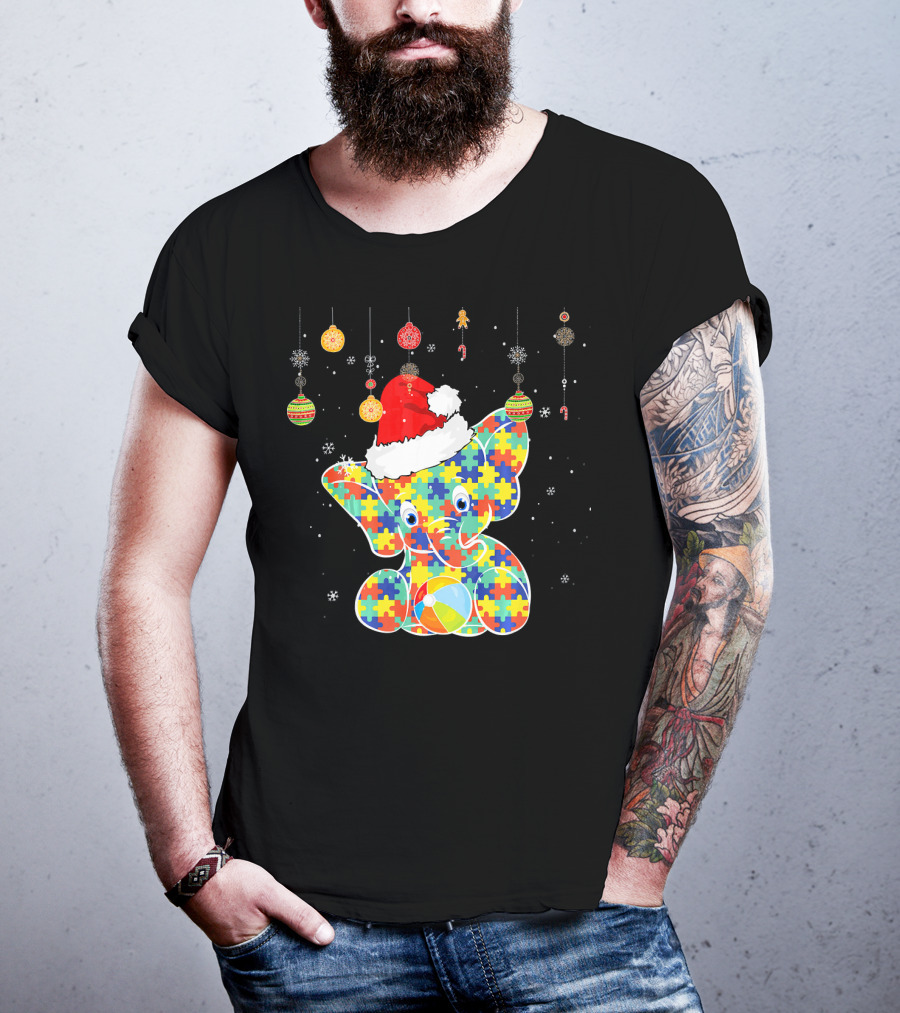 Festive Christmas Elephant In Santa Hat With Autism Puzzle T-Shirt