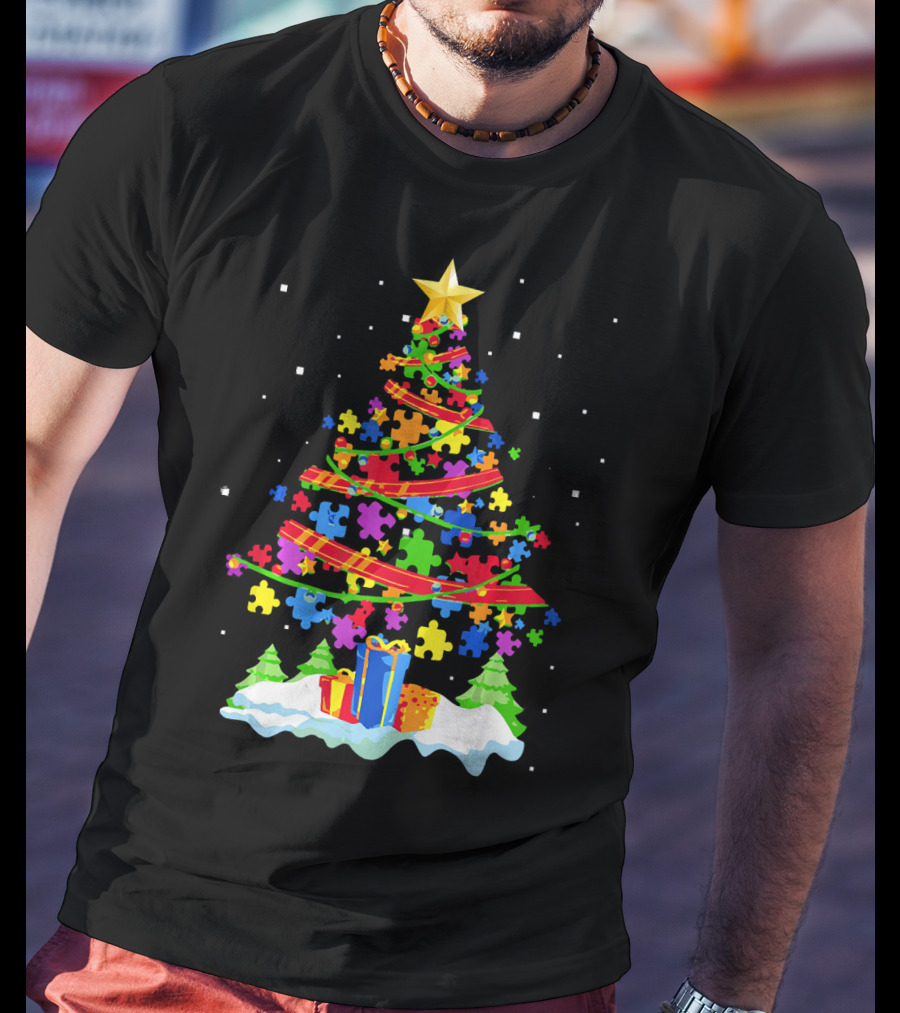 Autism Awareness Christmas Tree Puzzle Pieces Holiday Celebrations T-Shirt