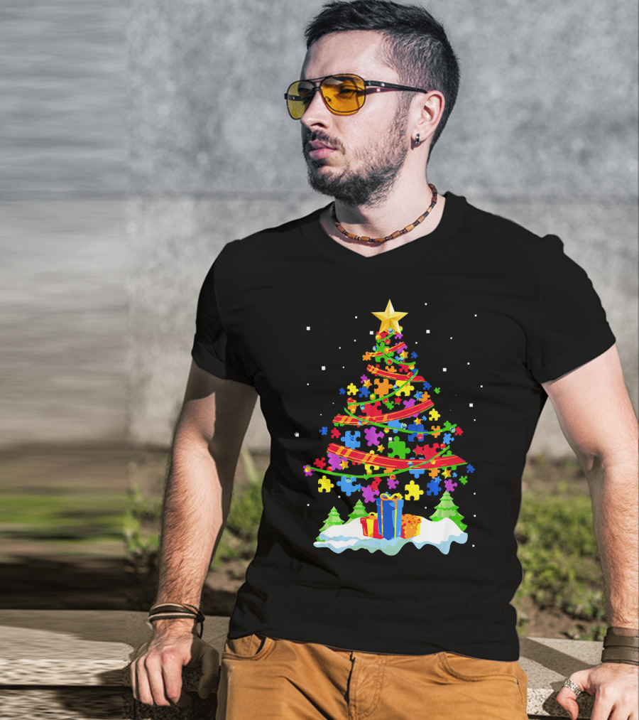 Autism Awareness Christmas Tree Puzzle Pieces Holiday Celebrations T-Shirt