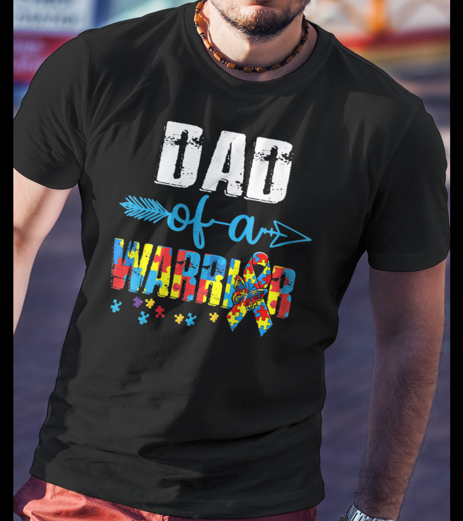 Dad Of A Warrior Autism Awareness Ribbon Arrow Puzzle T-Shirt