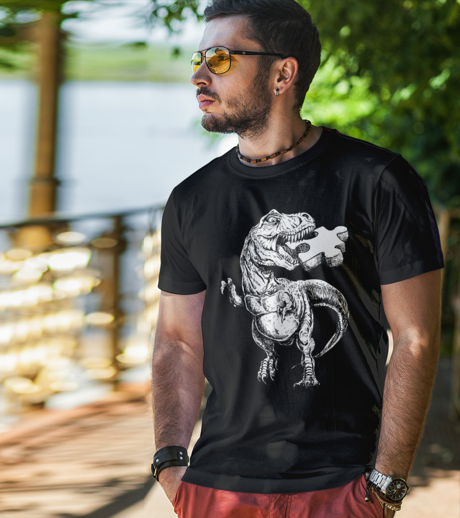 Cool Dinosaur Puzzle Piece Autism Awareness T-Shirt