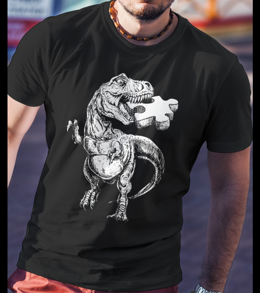 Cool Dinosaur Puzzle Piece Autism Awareness T-Shirt