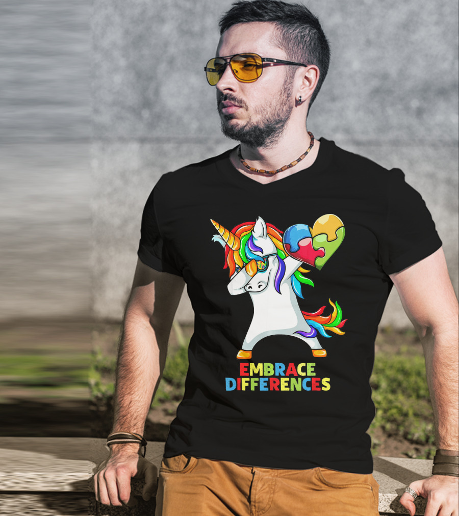 Dabbing Unicorn Embrace Differences Autism Puzzle Heart T-Shirt